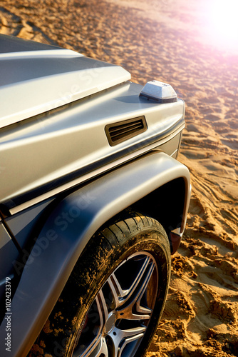 Canvas Print Detail of modern off-road luxury car details: fender and wheel