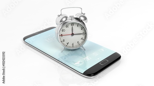 Alarm clock on smartphone screen, isolated on white background.