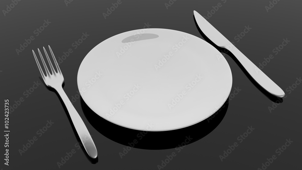 Silver fork and knife with a plate, isolated on black background. Silver fork and knife with a plate, isolated on black background.
