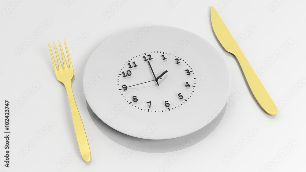 Golden fork, knife and plate with clock dial , isolated on white background.
