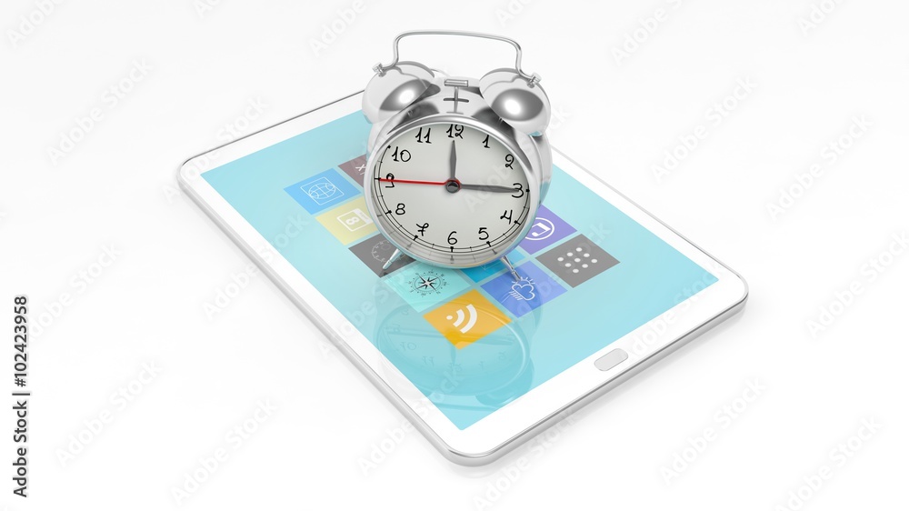 Alarm clock on tablet screen, isolated on white background. Alarm clock on tablet screen, isolated on white background.