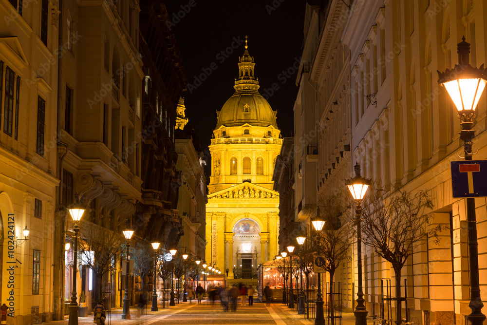 Nightshot on Budapest city streets with buildings and lights.