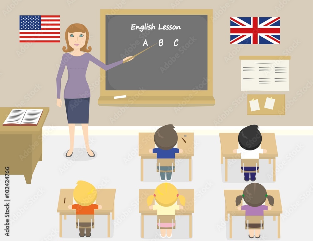 A vector illustration of teacher teaching english in a classroom