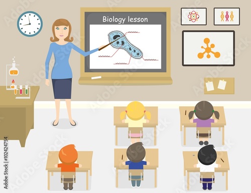 A vector illustration of teacher teaching biology in a classroom