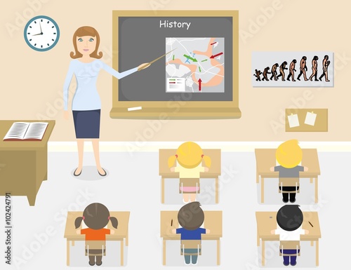 A vector illustration of teacher teaching history in a classroom