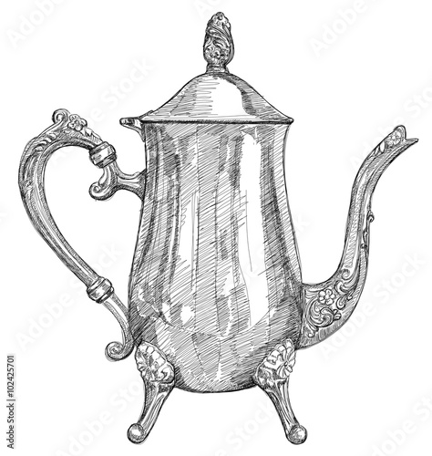 silver teapot - black and white illustration