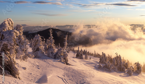 Winter landscape. Sunrise in the mountains. Beautiful World. Christmas scene. Carpathians, Ukraine, Europe