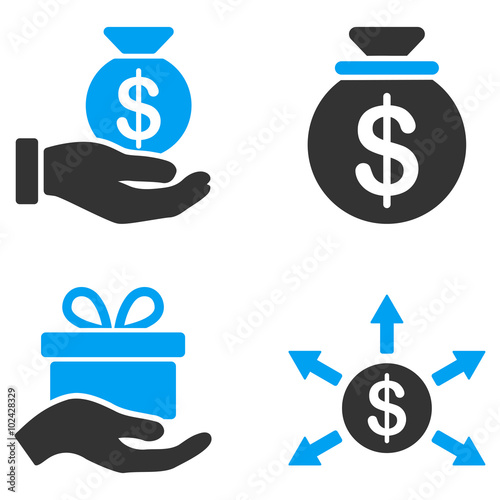 Donation vector icons. Style is flat bicolored symbols painted with blue and gray colors on a white background, angles are rounded.