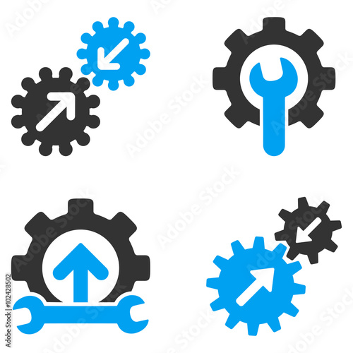 Integration Tools vector icons. Style is flat bicolored symbols painted with blue and gray colors on a white background, angles are rounded.