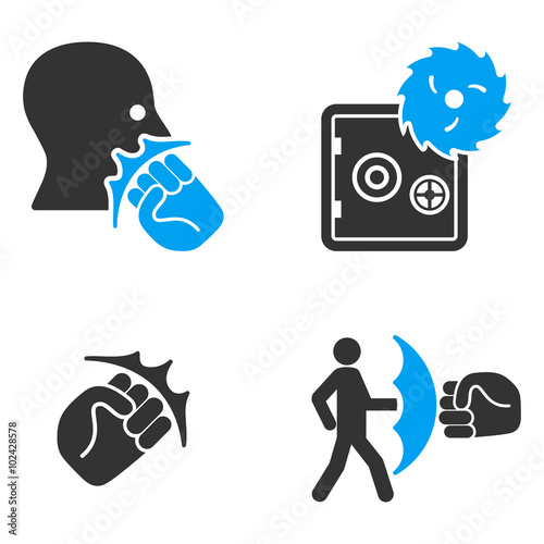 Robbery Fist Strike vector icons. Style is flat bicolored symbols painted with blue and gray colors on a white background, angles are rounded.