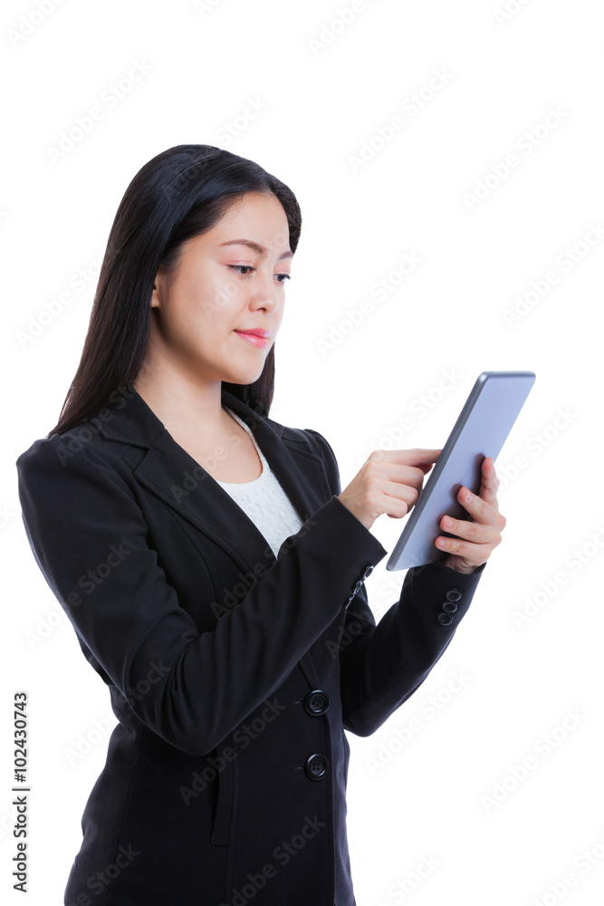 Asian woman holding tablet computer isolated on white background Asian woman holding tablet computer isolated on white background