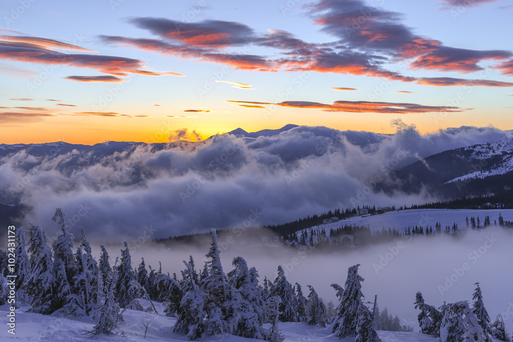 Obraz premium Winter landscape. Sunrise in the mountains. Beautiful World. Christmas scene. Carpathians, Ukraine, Europe