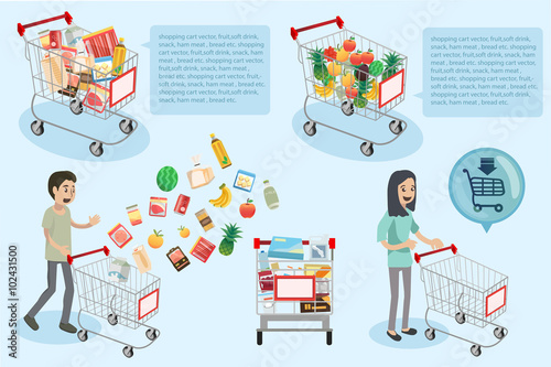 people are shopping in supermarket and they are going to cashier with cart full. - Vector Illustration, Graphic Design