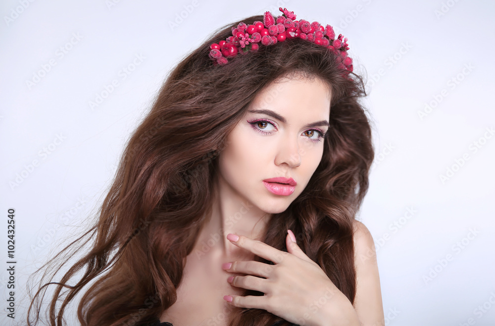 Beauty Makeup. Beautiful young woman with chaplet in head, skin