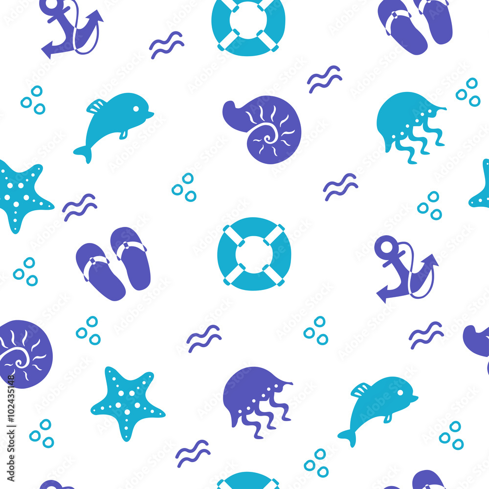 Fototapeta premium Seamless marine pattern with beach items, vector background 