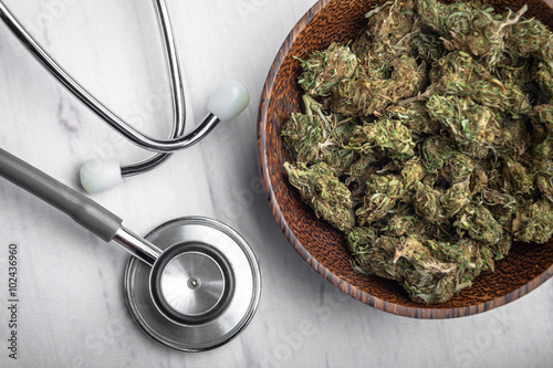 Medical Marijuana Cannabis buds bowl natural herb medication healthcare stethoscope