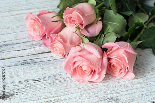 Vintage background / postcard / greeting card. Pink roses on white textured wooden background. Close up