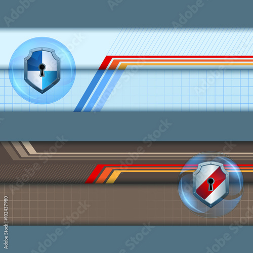 Abstract graphic, design web banner; Header layout template; Set of banners with metallic security shields equipped with keyhole in glass button/sphere on linear design and space for text
