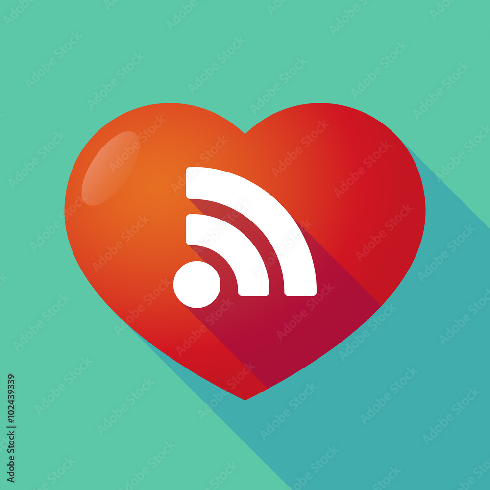 Long shadow red heart with  an RSS sign