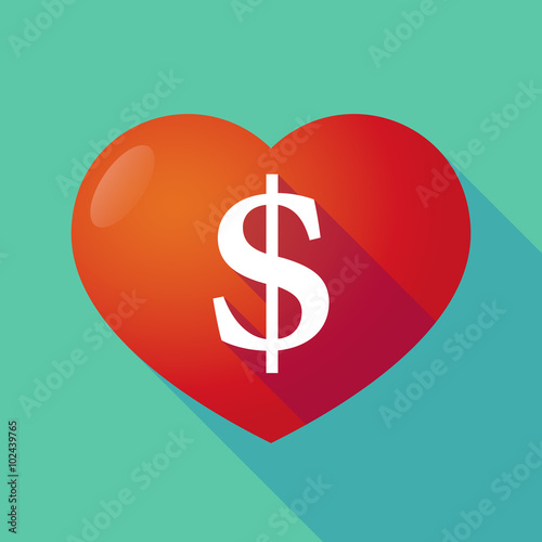 Long shadow red heart with a dollar sign