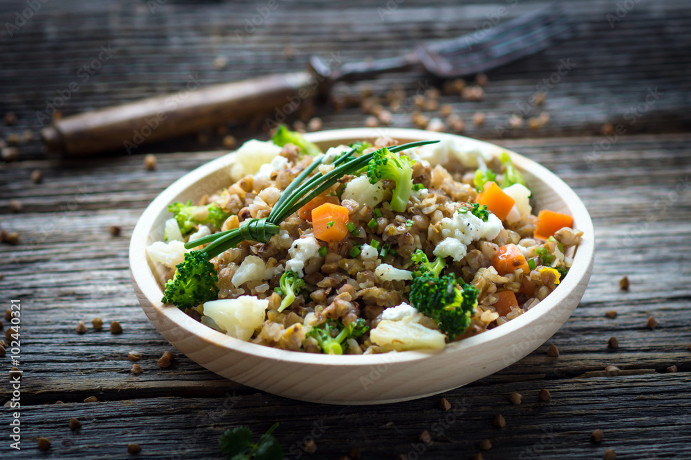 Buckwheat with  vegetables and feta cheese