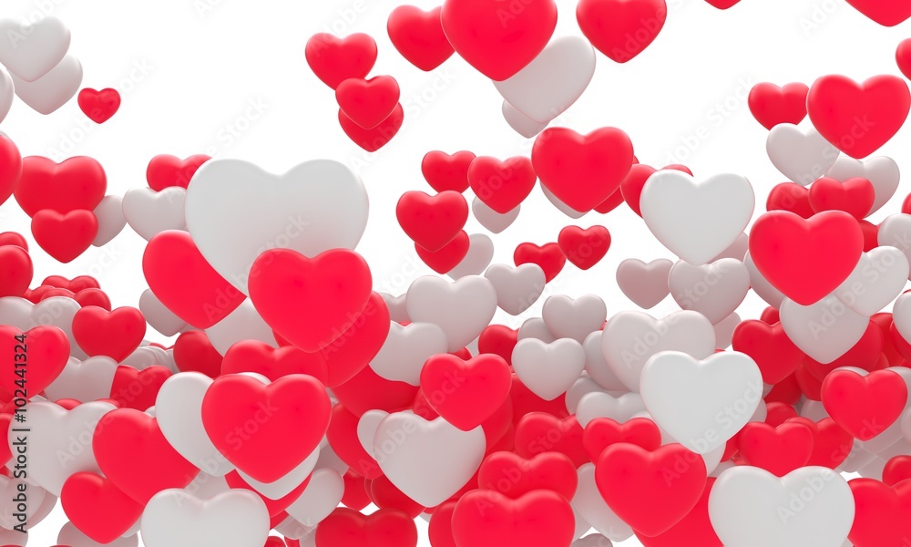 Many red fnd white hearts. 3d background