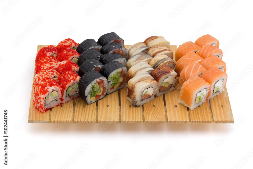 Set Asian food sushi on wooden plate isolated on white background Set Asian food sushi on wooden plate isolated on white background