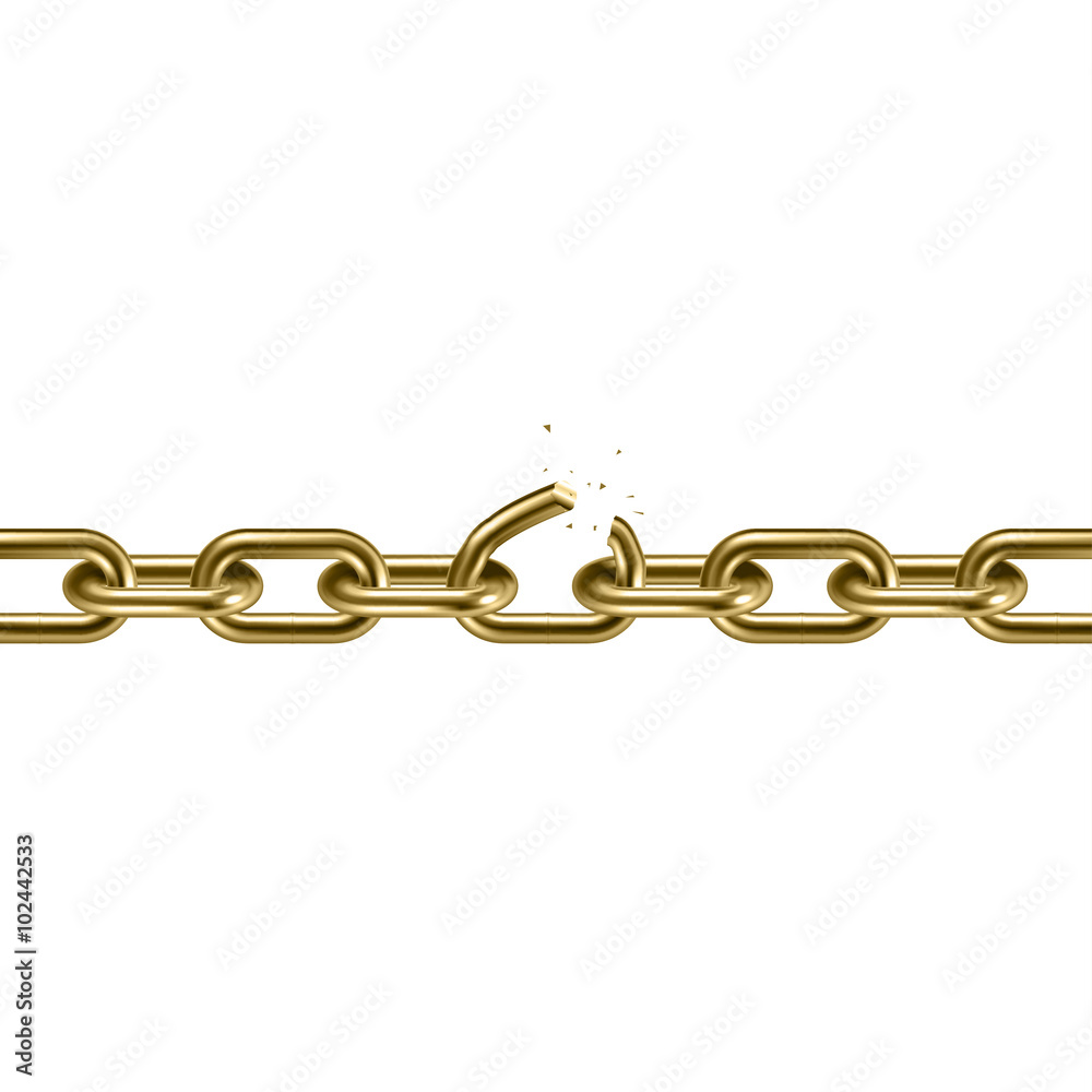 Fototapeta premium Metal golden broken chain 3D. Freedom concept. Vector illustration.