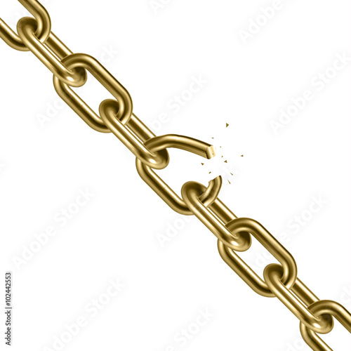 Metal golden broken chain 3D. Freedom concept. Vector illustration.