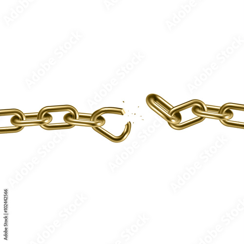 Metal golden broken chain 3D. Freedom concept. Vector illustration.