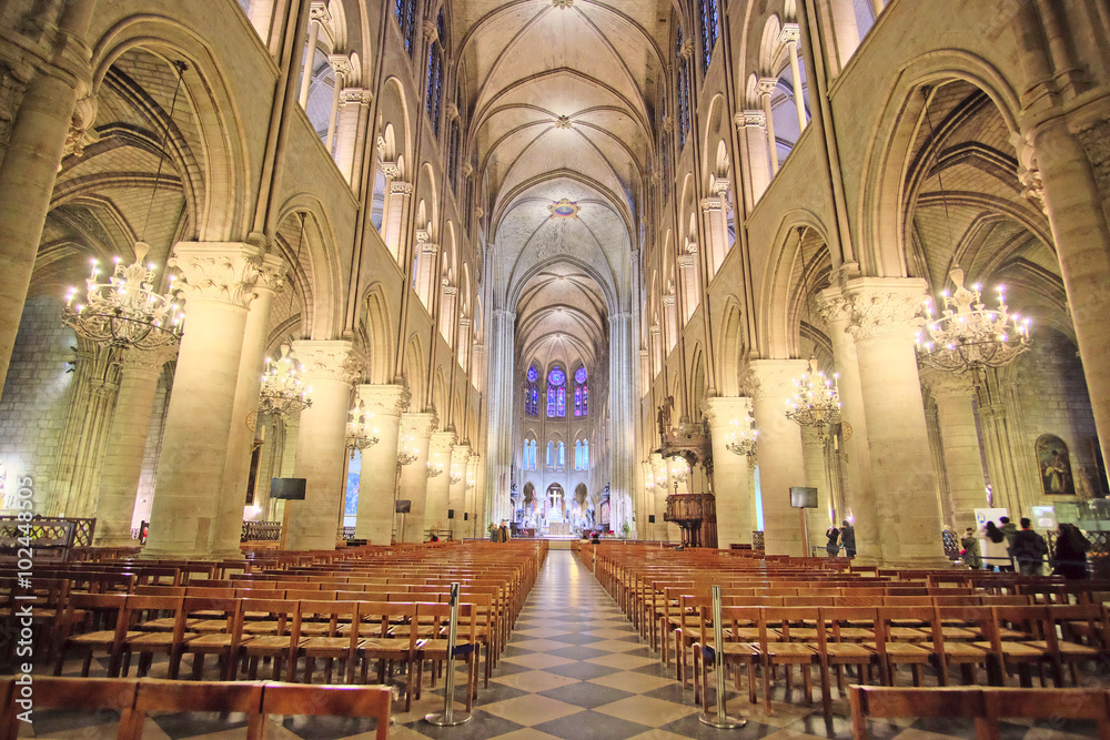 Paris, France, February 6, 2016: interior of Notre Dame de Paris, one of the Paris simbols