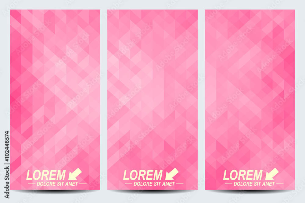 Pink set of vector flyers. Background with pink triangles. Flyer, web