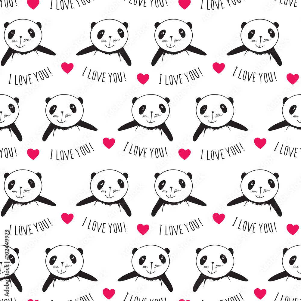 Seamless pattern with pandas and pink hearts. Wrapping paper for Valentine's Day, Mother's Day, Father's Day, birthday, wedding. Sketch, doodles, design elements. Hand drawing pandas. Vector.