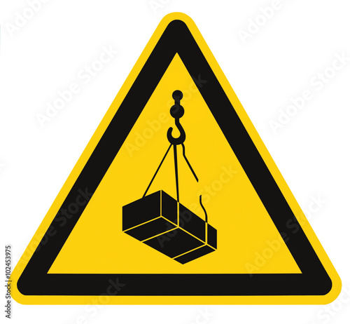 Danger overhead, crane load falling hazard risk sign, cargo icon signage, isolated black triangle over yellow, large macro closeup photo