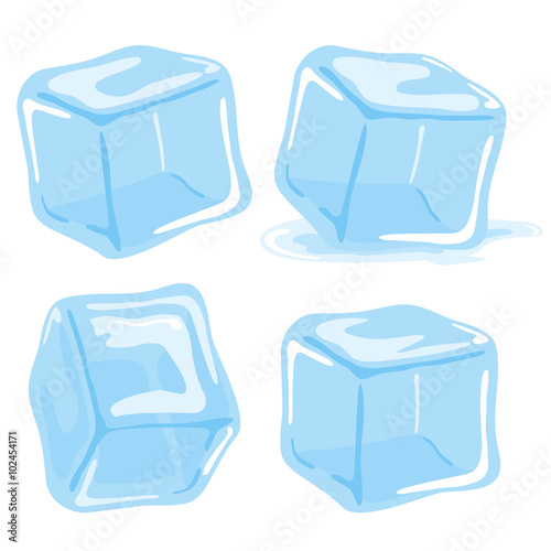 Ice cubes and melted ice cube. Vector Illustration set photo