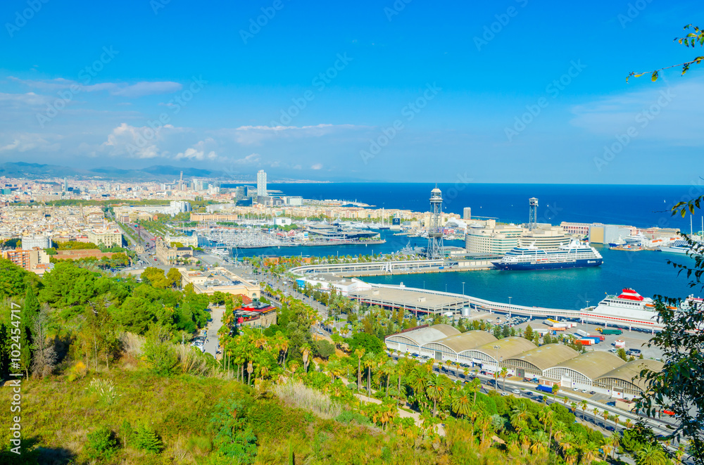 Panoramic view of the port in Barcelona, Spain.