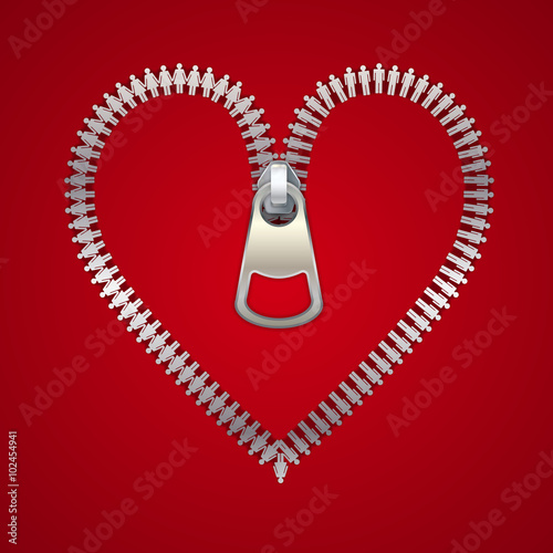 Heart with zipper, made of male and female icons, vector illustration