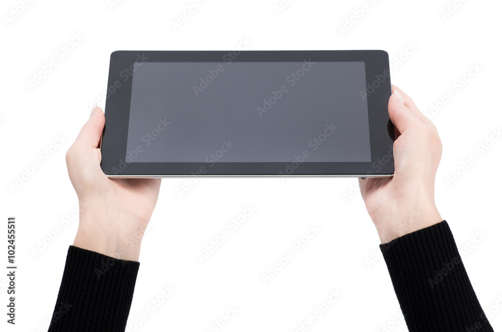 hands holding a tablet touch computer gadget with isolated scree hands holding a tablet touch computer gadget with isolated scree