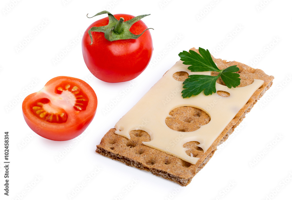 Crispy rye bread, cheese and tomato isolated on white background Crispy rye bread, cheese and tomato isolated on white background