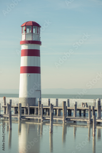 Lighthouse and wooden pier, Podersdorf, Austria