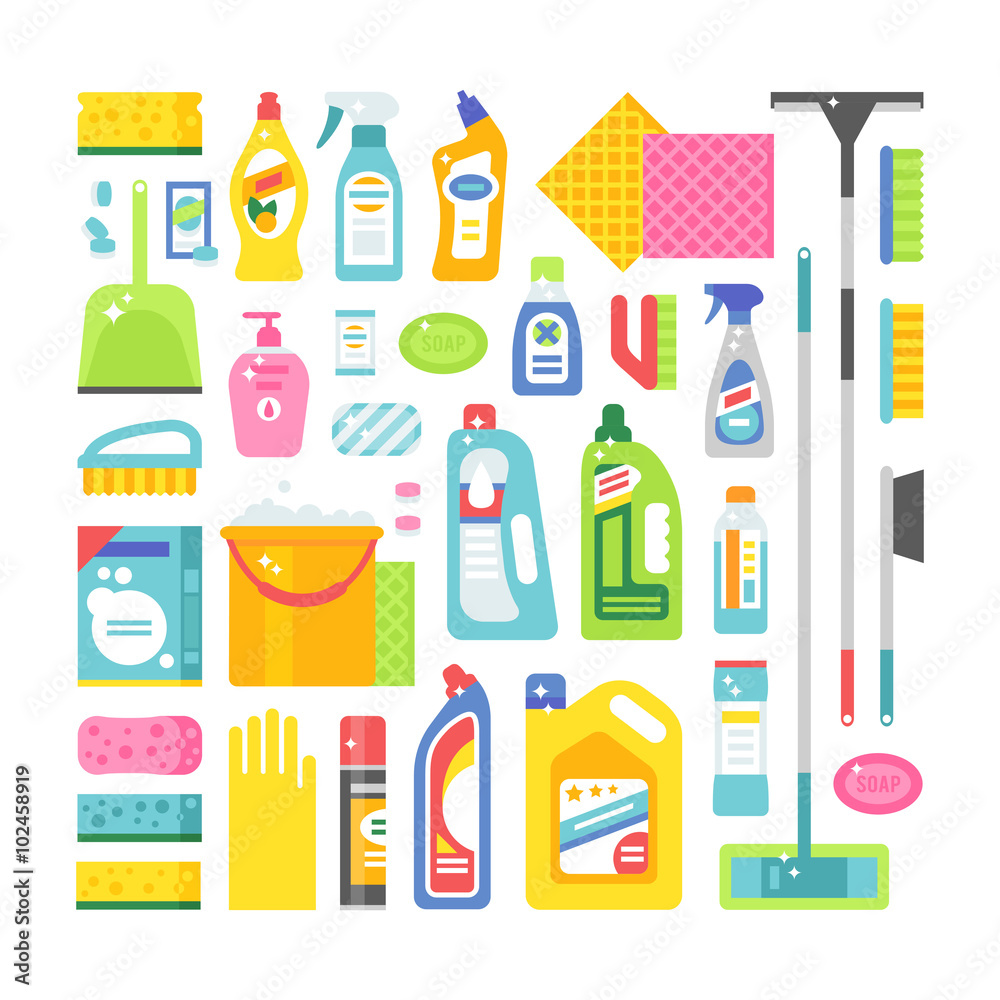 House cleaning hygiene and products flat vector icons set