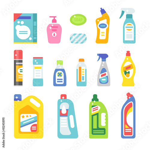 House cleaning hygiene and products flat vector icons set