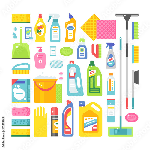 House cleaning hygiene and products flat vector icons set