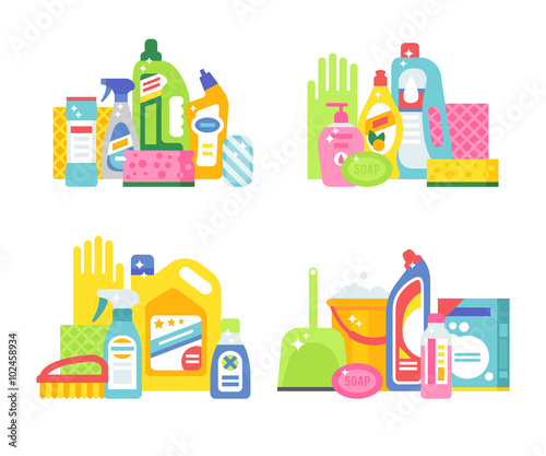 House cleaning hygiene and products flat vector icons set