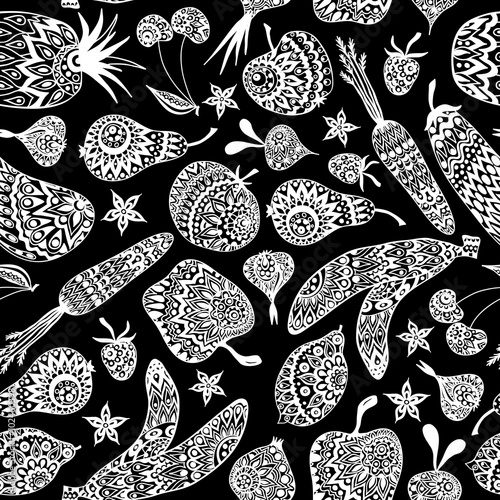 White And Black Seamless Pattern With Fruits And Vegetables