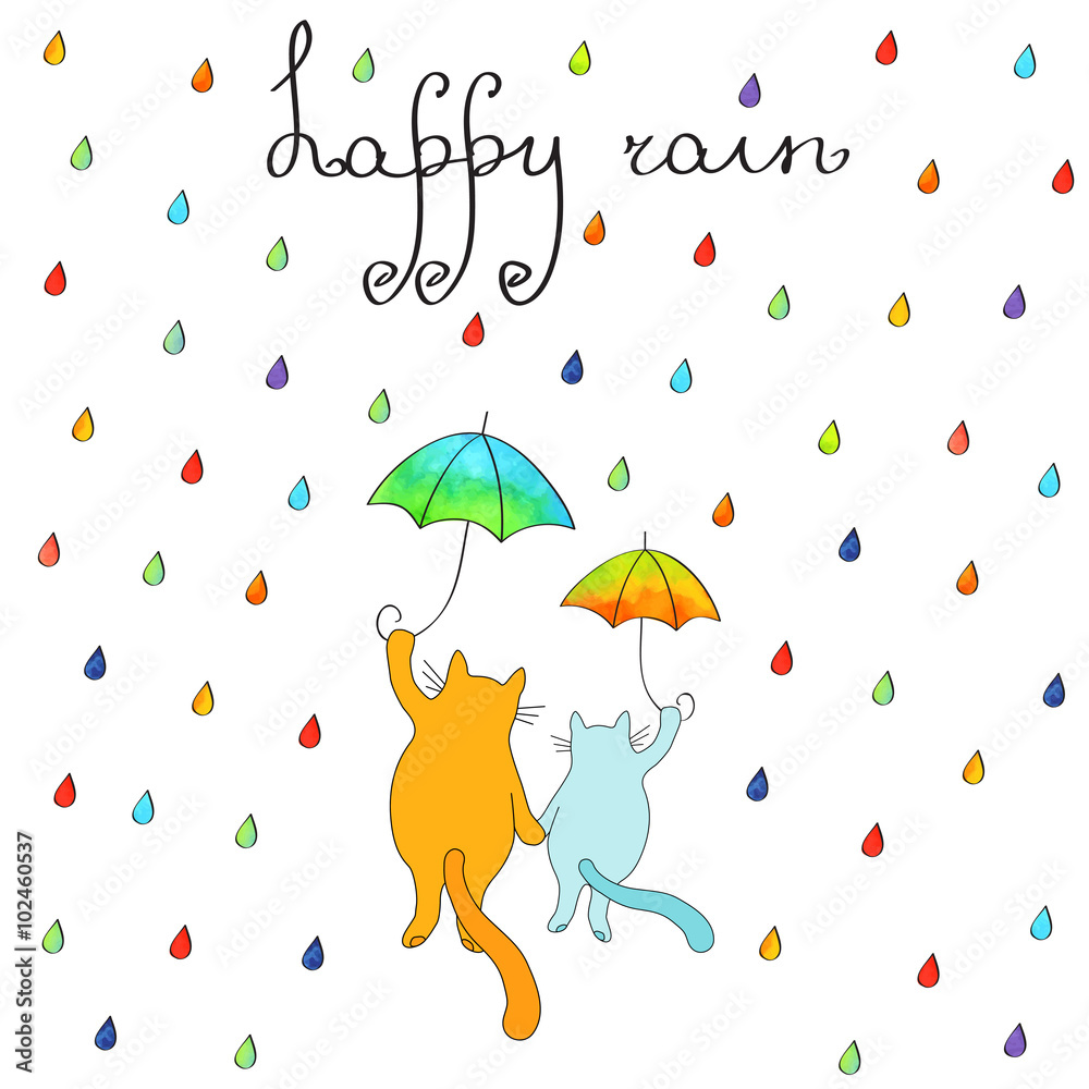 Naklejka premium Happy cats walking in the rain