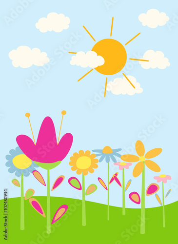 abstract cartoon flowers with sky clouds sun. vector