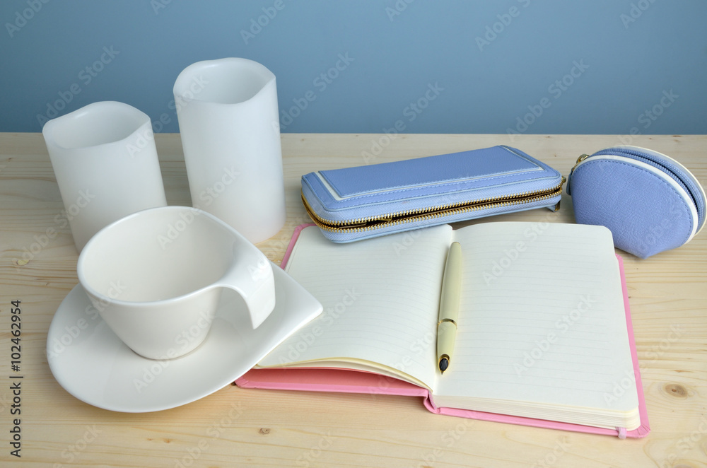 Fototapeta premium Cup, Notepad, Pen and Wallet