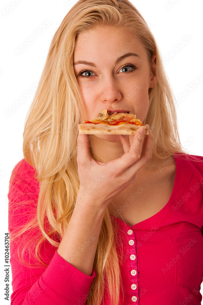 Woman with slice of delicious pizza, can't wait to bite in it. Woman with slice of delicious pizza, can't wait to bite in it.