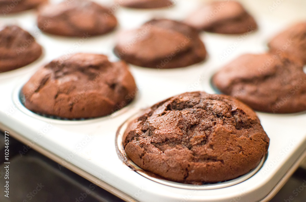 homemade dark chocolate muffins baking tin pan